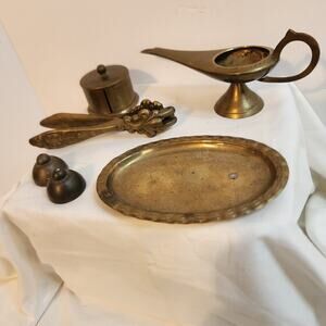 Vintage Brass Office Decor Lot – Stamp Roll, Genie Lamp, Tray & More
